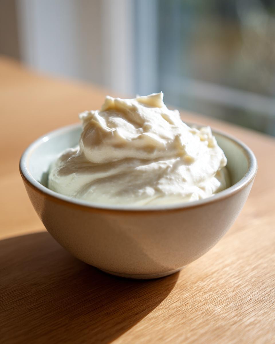 A close-up of thick, creamy homemade horseradish sauce mounded in a small ceramic bowl on a wooden surface.