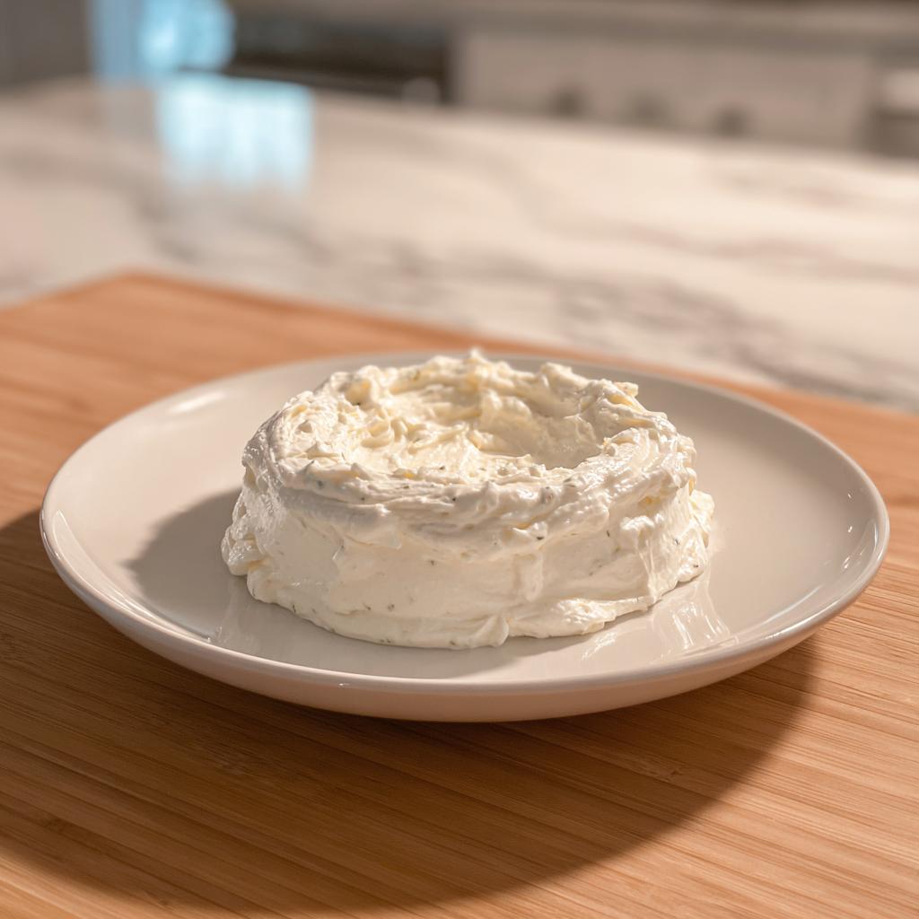 A mound of thick, white creamy horseradish sauce with visible herbs on a small white plate.