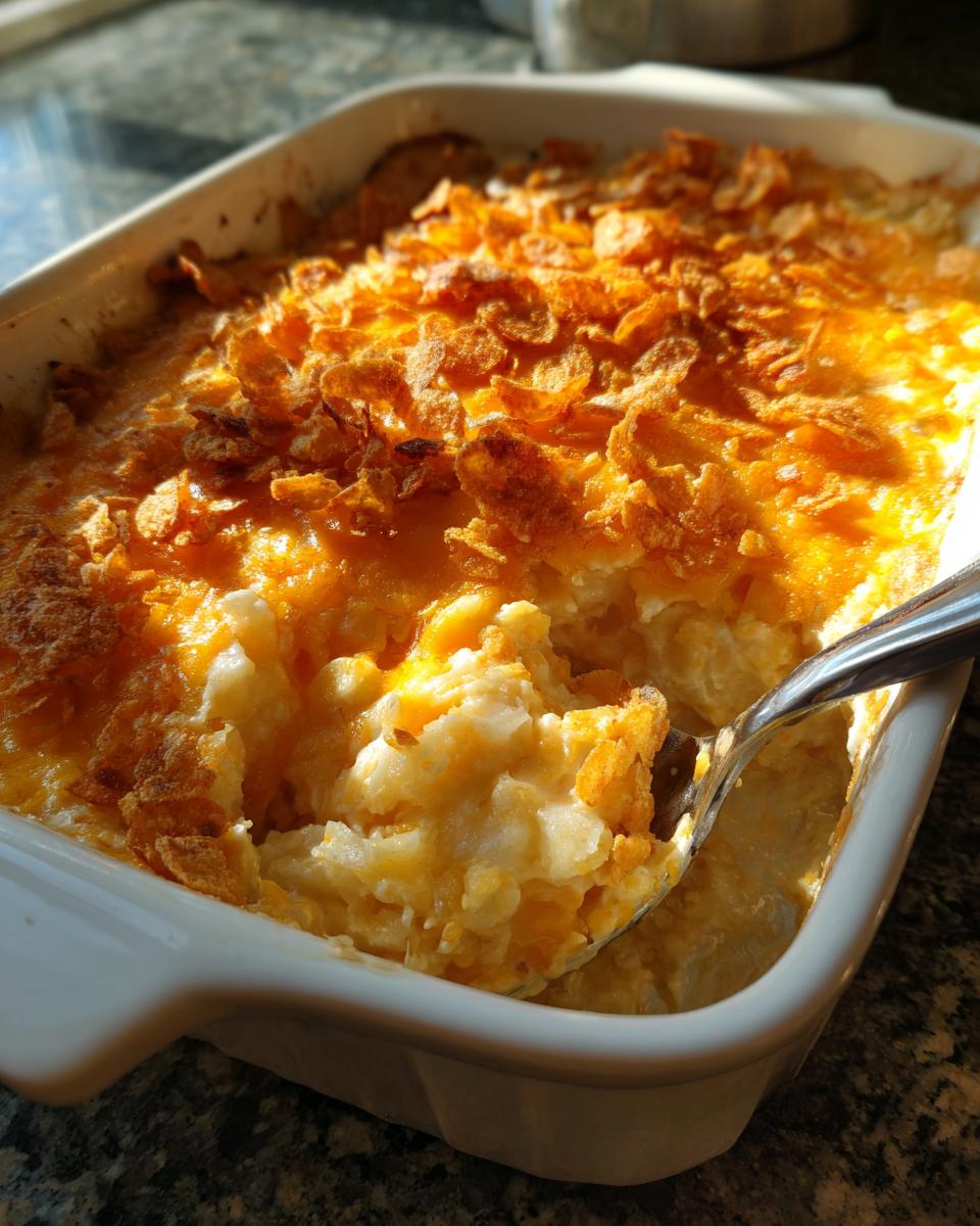 A spoonful being lifted from a creamy potato casserole topped with melted cheese and crispy cornflakes.