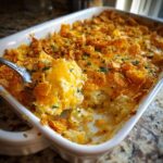 A spoonful of creamy potato casserole topped with melted cheddar cheese and crispy cornflakes.
