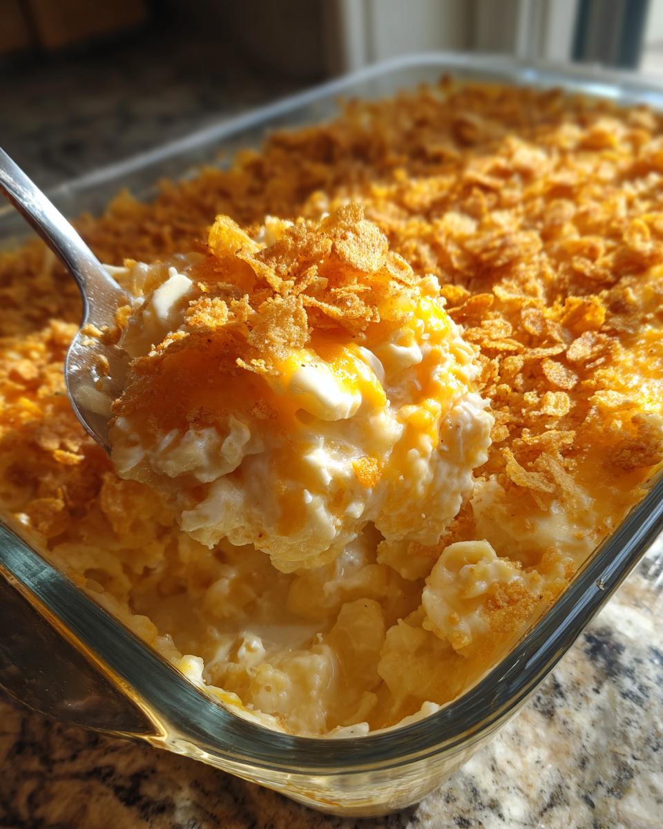 A spoonful of creamy potato casserole topped with melted cheese and crunchy cornflakes being lifted from a glass baking dish.