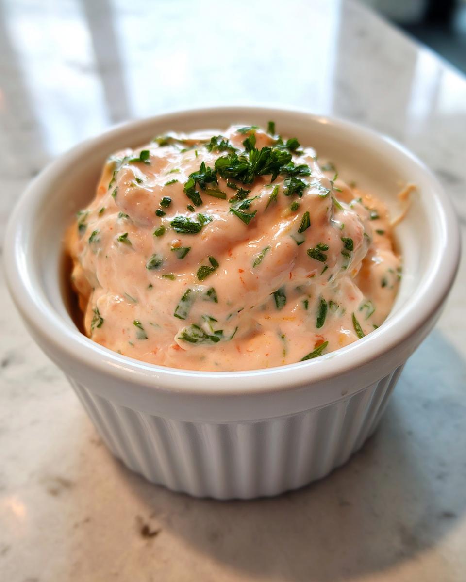 A close-up of creamy, pinkish remoulade sauce topped with fresh chopped parsley in a white ramekin.