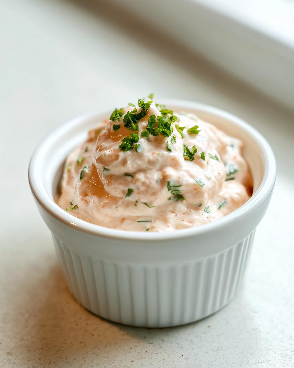 Close-up of creamy, pinkish remoulade sauce garnished with fresh chopped parsley in a small white ramekin.