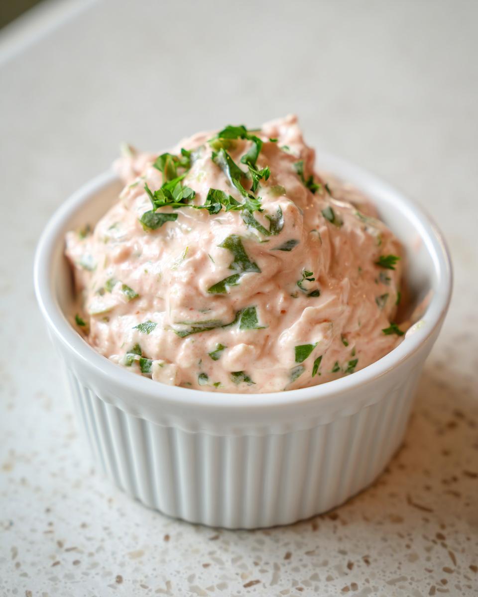 Close-up of creamy, pinkish remoulade sauce mixed with green herbs, served in a small white ramekin.