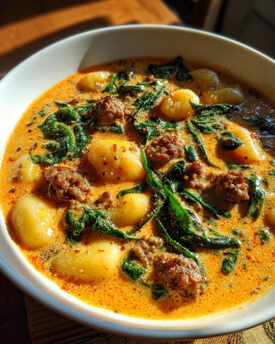 A close-up bowl of creamy, orange-hued sausage gnocchi soup featuring plump gnocchi and wilted spinach.