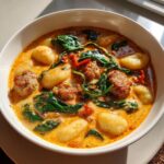 Close-up of a bowl of creamy sausage gnocchi soup featuring browned sausage pieces, soft gnocchi, and wilted spinach.