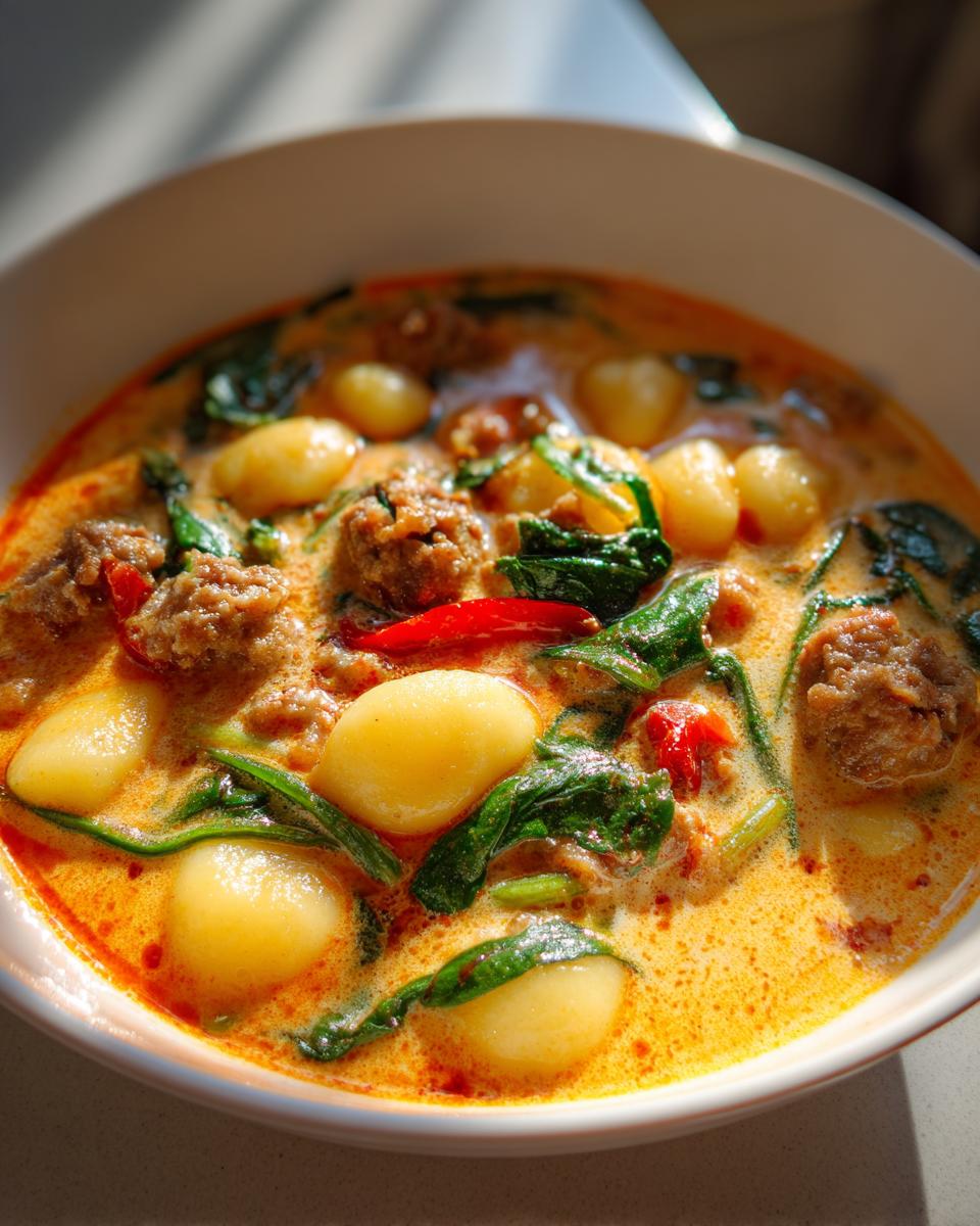 Close-up of a creamy, orange-hued sausage gnocchi soup with spinach and a red chili pepper.