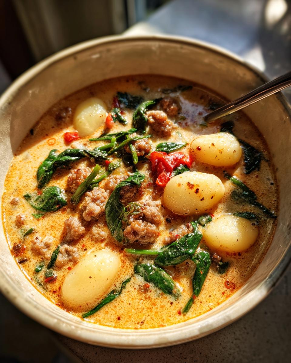 Close-up of a hearty bowl of creamy sausage gnocchi soup with spinach and tomatoes.