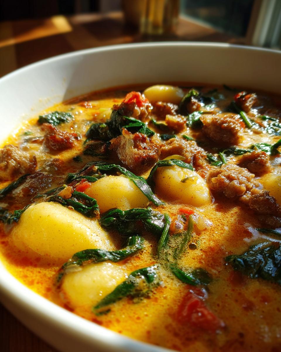 A close-up, sunlit view of a hearty bowl of sausage gnocchi soup featuring plump gnocchi, browned sausage chunks, and wilted spinach in a creamy orange broth.