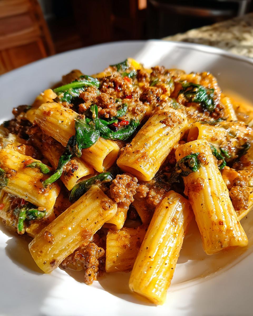 Close-up of creamy sausage pasta featuring rigatoni tubes, crumbled sausage, and wilted spinach, brightly lit by sunlight.