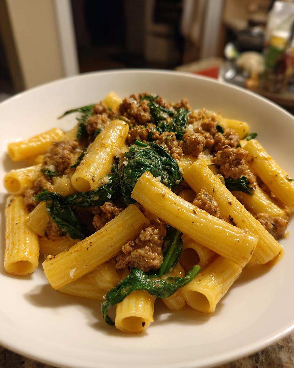 Close-up of creamy sausage pasta featuring rigatoni, crumbled sausage, and wilted spinach in a white bowl.