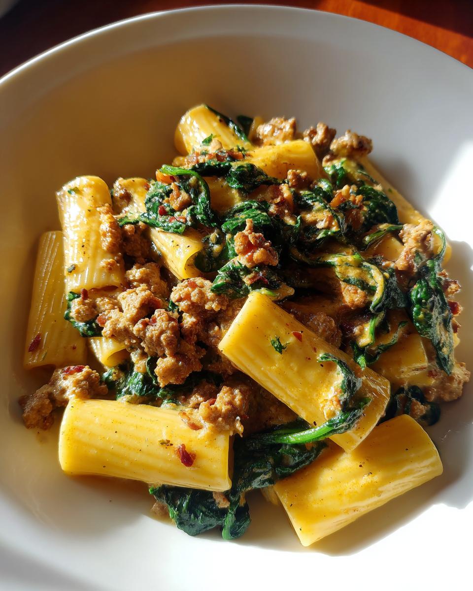 Close-up of creamy sausage pasta featuring rigatoni, crumbled sausage, and wilted spinach in a white bowl.