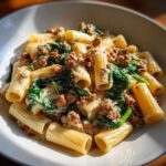 Close-up of creamy sausage pasta mixed with wilted spinach, served in a white bowl.