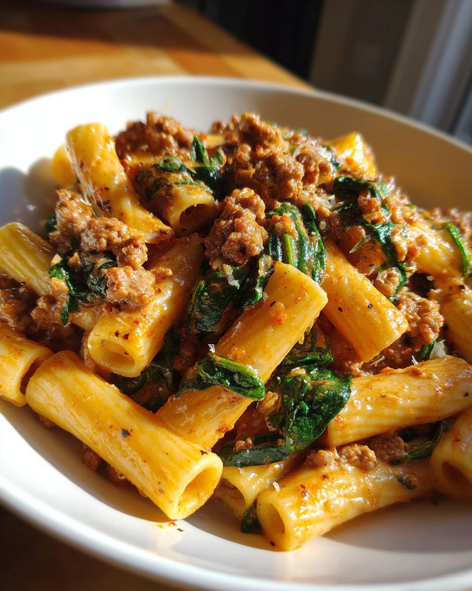 Close-up of creamy sausage pasta with wilted spinach tossed in a rich sauce, served in a white bowl.