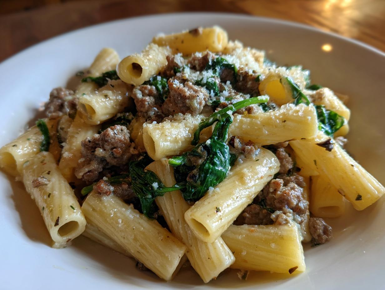 Close-up of creamy sausage pasta featuring rigatoni, crumbled sausage, wilted spinach, and grated parmesan cheese.