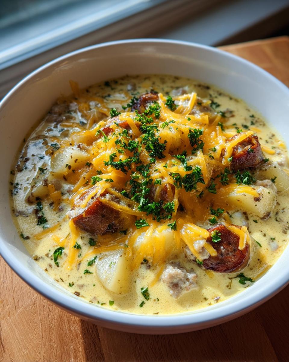 A close-up of a creamy bowl of sausage potato soup topped with melted cheddar cheese and fresh parsley.