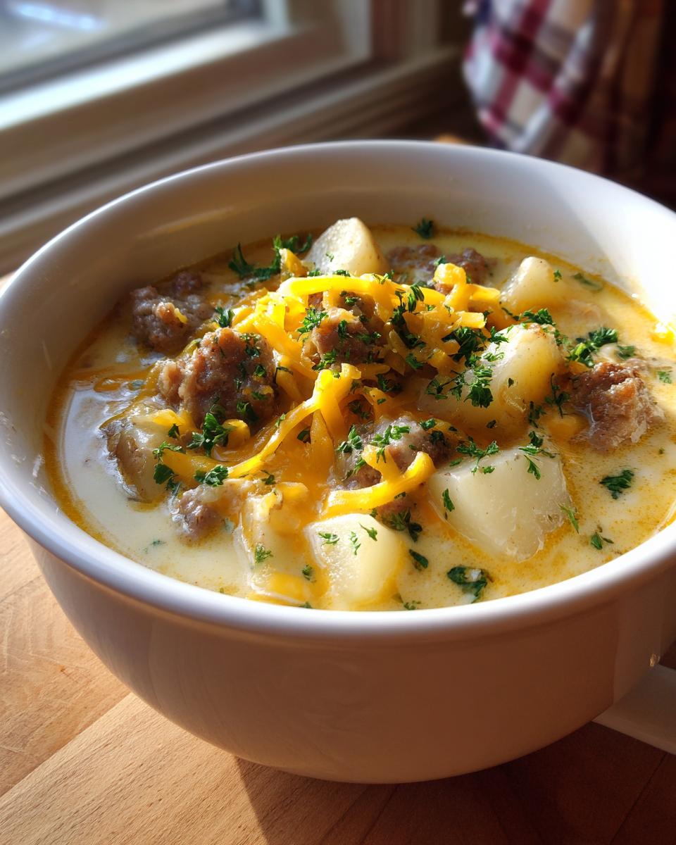 Close-up of a creamy bowl of sausage potato soup topped with shredded cheddar cheese and fresh parsley.
