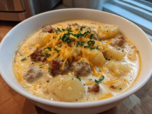 A close-up of a white bowl filled with creamy sausage potato soup, topped with shredded cheddar and fresh parsley.