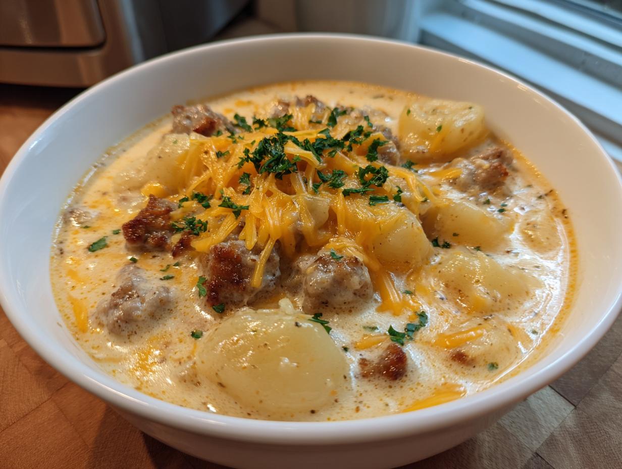 A close-up of a white bowl filled with creamy sausage potato soup, topped with shredded cheddar and fresh parsley.