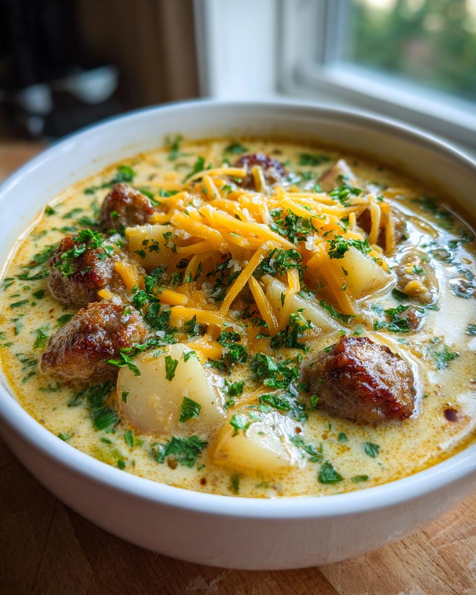 A close-up of a bowl of creamy sausage potato soup topped with shredded cheddar cheese and fresh parsley.