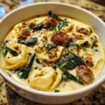 A close-up shot of a hearty bowl of creamy sausage tortellini soup, featuring tortellini, crumbled sausage, and spinach.