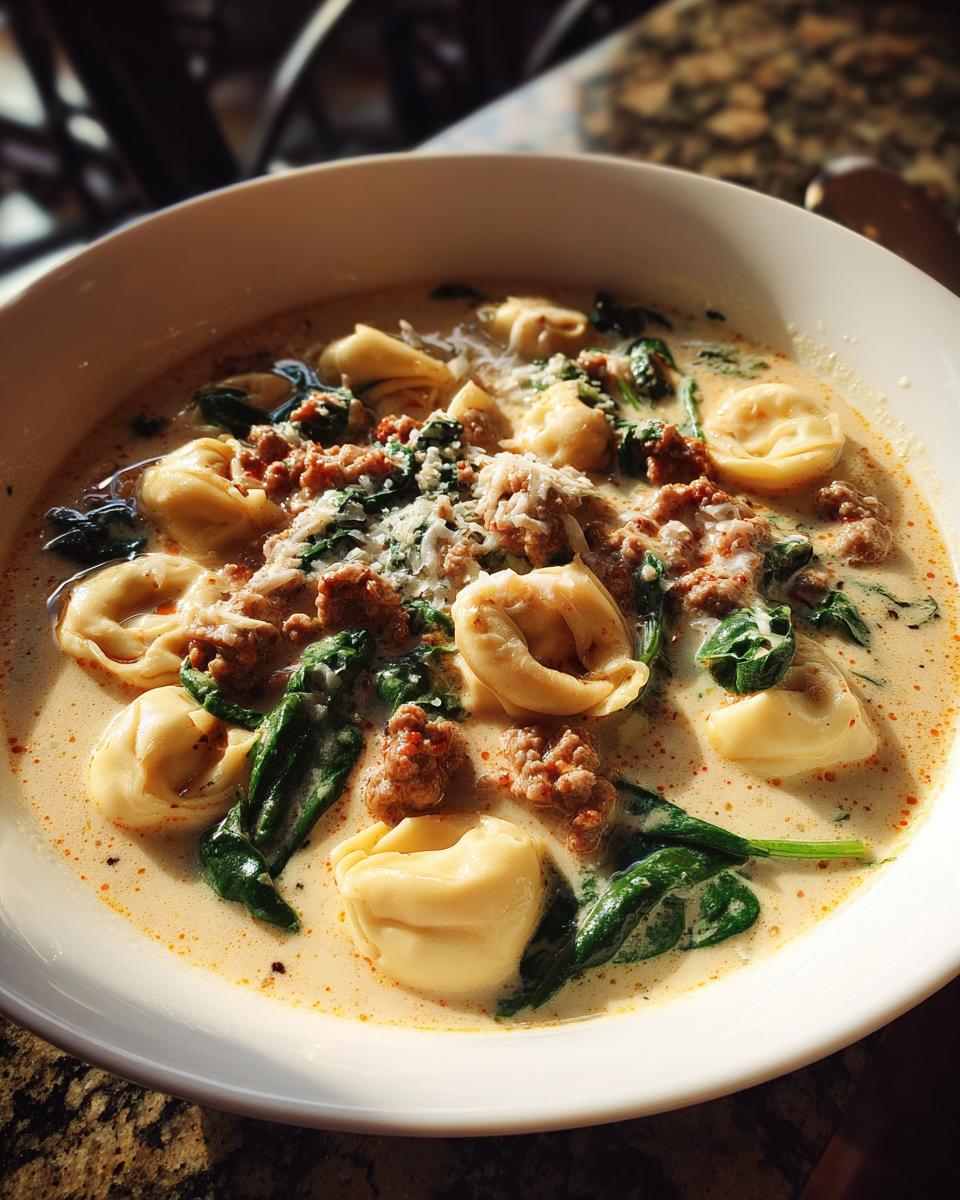 A close-up of a white bowl filled with creamy sausage tortellini soup, featuring tortellini, crumbled sausage, spinach, and grated cheese.