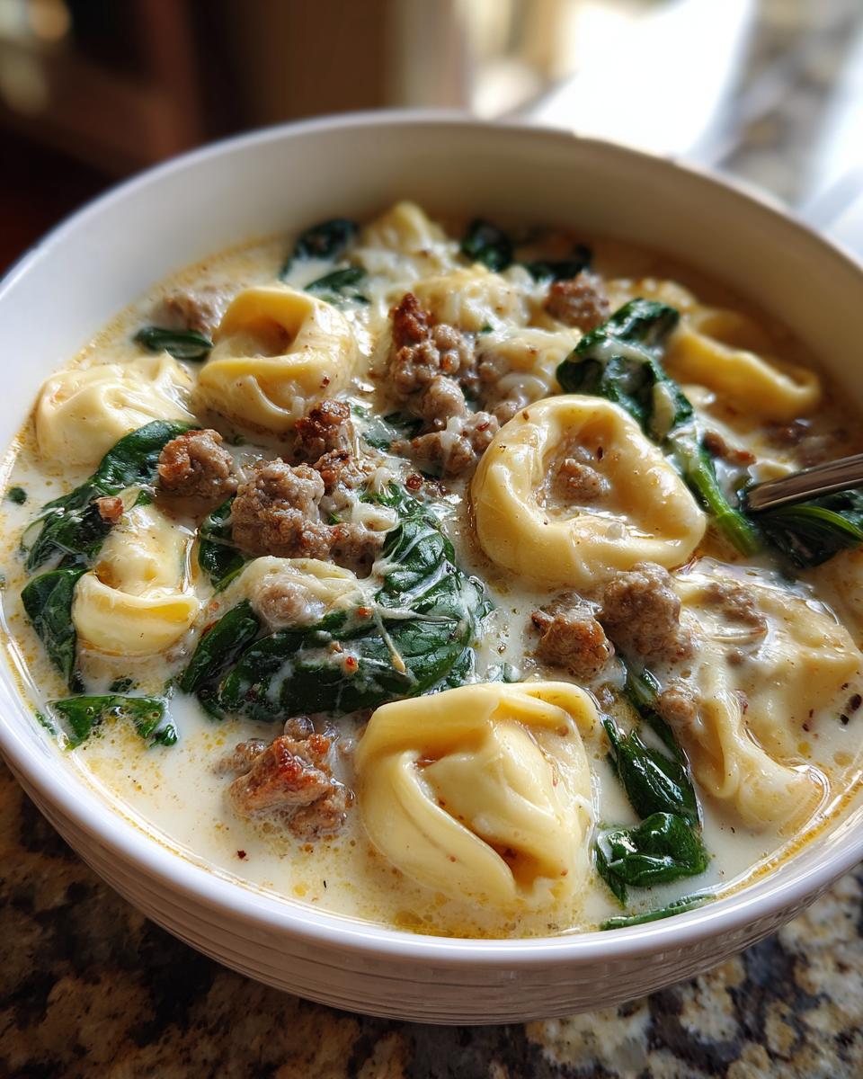 Close-up of a white bowl filled with creamy sausage tortellini soup, featuring cheese tortellini, crumbled sausage, and wilted spinach.