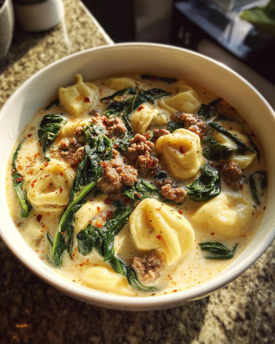 Close-up of a white bowl filled with creamy sausage tortellini soup, featuring tortellini, ground sausage, and wilted spinach.