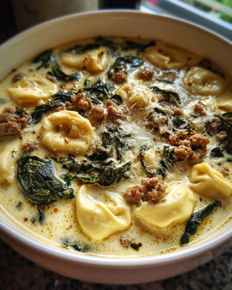 A close-up view of a bowl filled with creamy sausage tortellini soup, featuring tortellini pasta, crumbled sausage, and wilted spinach.