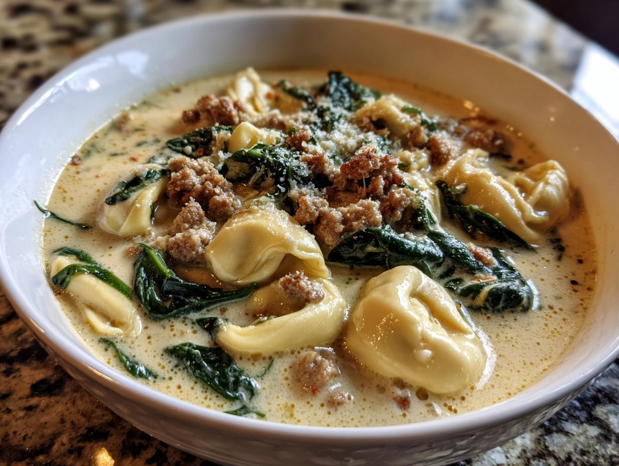 Close-up of a white bowl filled with creamy sausage tortellini soup, featuring tortellini, crumbled sausage, and wilted spinach.