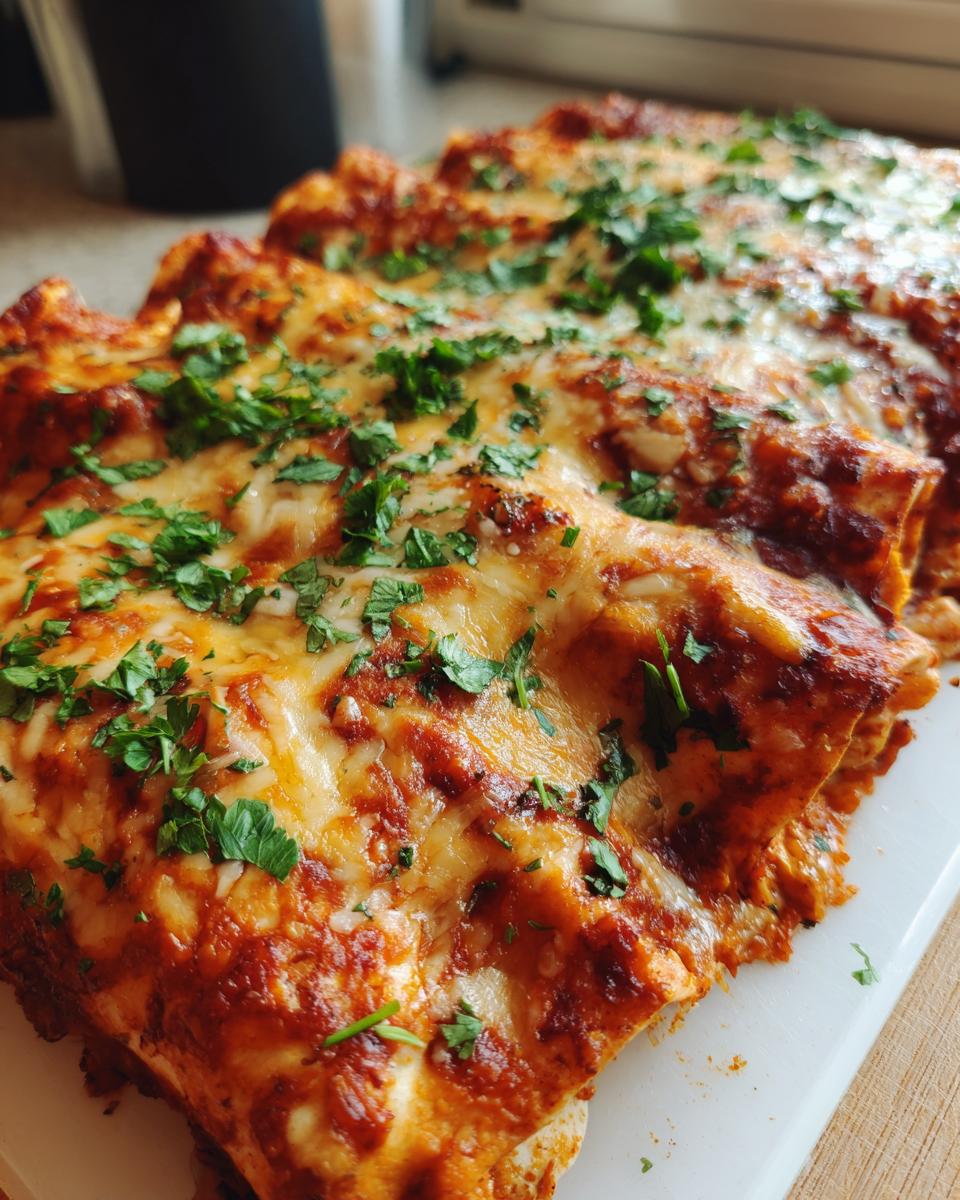 Close-up of baked shrimp enchiladas covered in melted cheese and fresh cilantro.