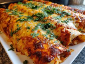 Close-up of freshly baked shrimp enchiladas covered in melted cheese and fresh cilantro.