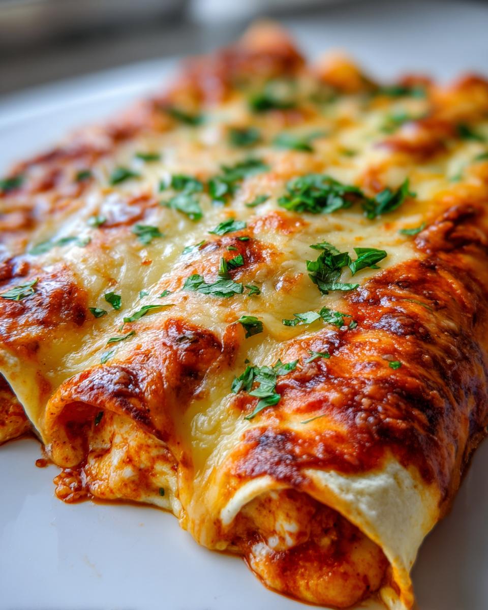 Close-up of baked shrimp enchiladas covered in melted, bubbly cheese and topped with fresh parsley.