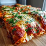 Close-up of baked shrimp enchiladas covered in red sauce, melted white cheese, and fresh parsley.