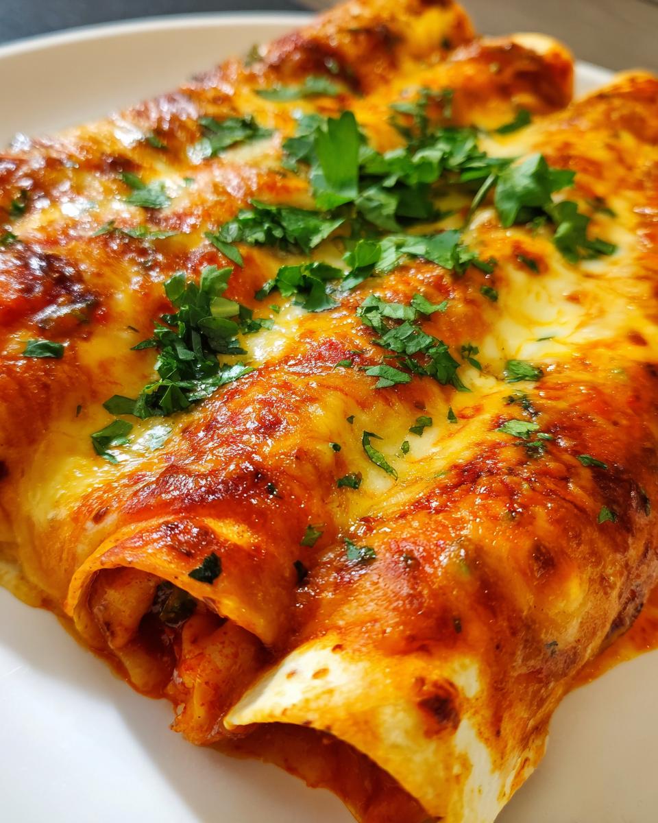 Close-up of baked shrimp enchiladas covered in melted, bubbly cheese and garnished with fresh parsley.