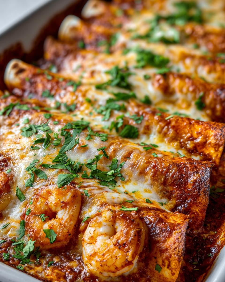 Close-up shot of baked shrimp enchiladas covered in melted cheese, rich red sauce, and fresh cilantro.