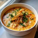 Close-up of a creamy, orange-hued tortilla soup recipe bowl topped with shredded chicken, cheese, tortilla strips, and fresh cilantro.
