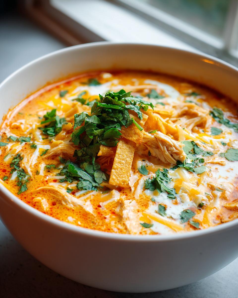 Close-up of a bowl of creamy, orange-hued tortilla soup topped with shredded chicken, cheese, cilantro, and tortilla strips.