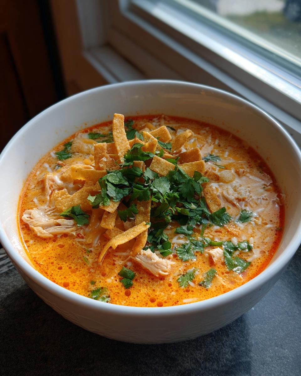 Close-up of a bowl of creamy, orange-hued tortilla soup recipe with shredded chicken, topped with crispy tortilla strips and fresh cilantro.