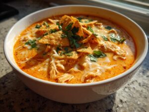 A close-up of a white bowl filled with creamy, orange-hued tortilla soup, topped with shredded chicken, cheese, tortilla strips, and cilantro.