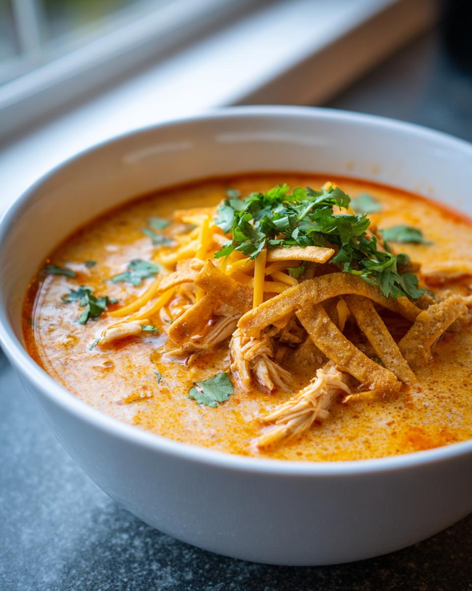A close-up of a creamy, orange-hued tortilla soup recipe bowl topped with shredded chicken, cheese, crispy tortilla strips, and fresh cilantro.