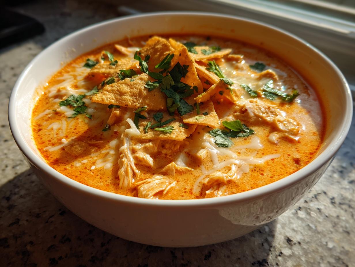 A close-up of a white bowl filled with creamy, orange-hued tortilla soup, topped with shredded chicken, cheese, tortilla strips, and cilantro.