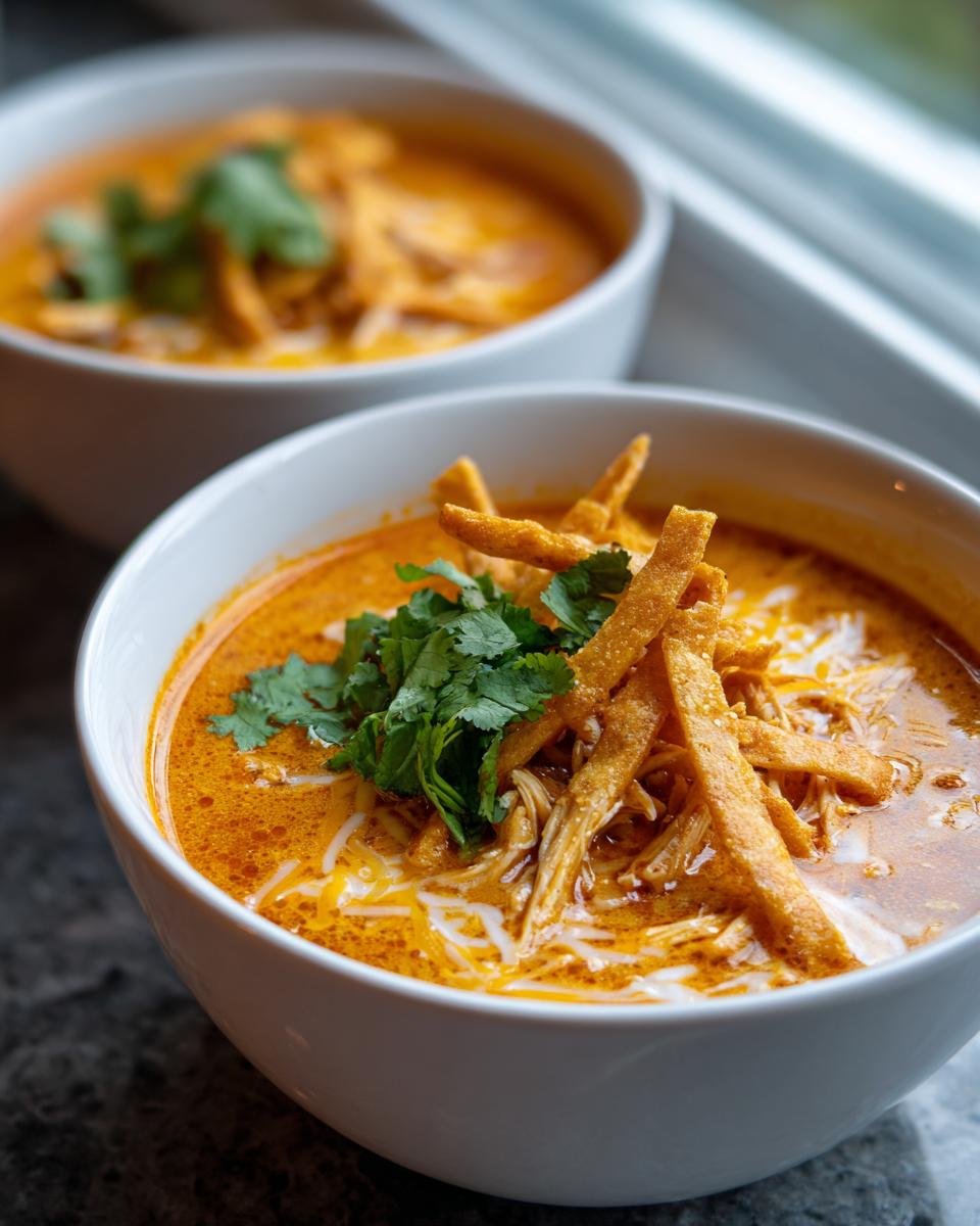 Close-up of a bowl of creamy, orange-hued tortilla soup recipe topped with shredded cheese, cilantro, and crispy tortilla strips.