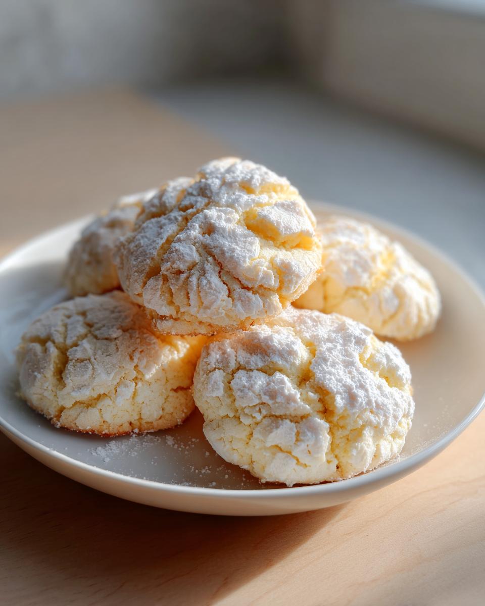 A stack of soft, crinkle-top cool whip cookies heavily dusted with powdered sugar on a white plate.