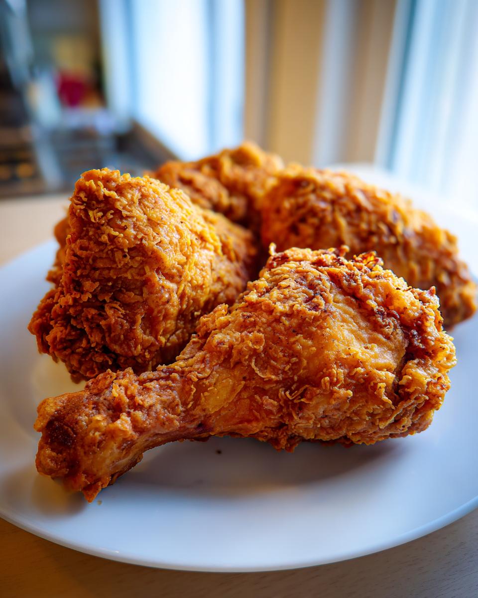 Close-up of golden, crispy air fryer fried chicken pieces, including a drumstick, served on a white plate.