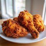 Close-up of several pieces of golden brown, crispy air fryer fried chicken served on a white plate.