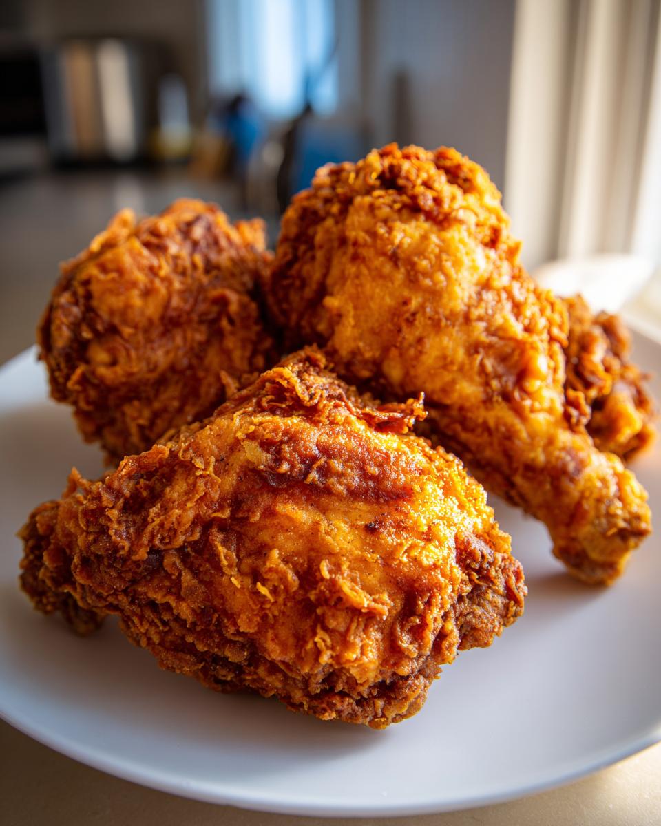 Close-up of three pieces of golden brown, crispy air fryer fried chicken resting on a white plate.