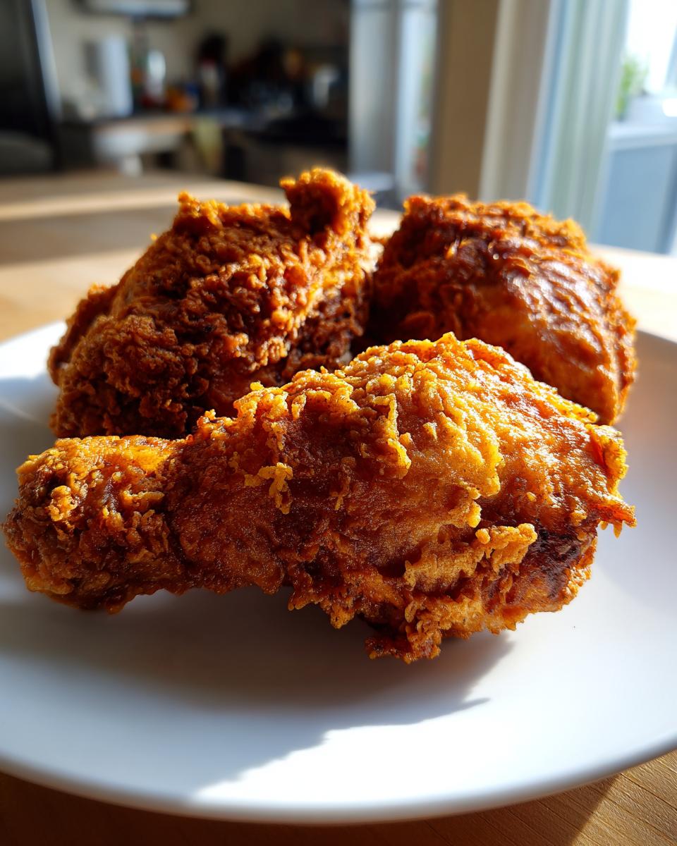 Three pieces of golden brown, crispy air fryer fried chicken, including a drumstick, resting on a white plate.