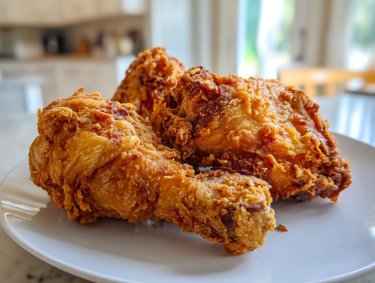 Three pieces of golden brown, crispy air fryer fried chicken resting on a white plate.
