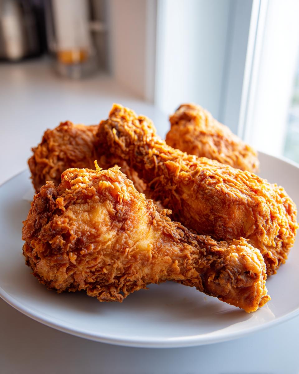 Close-up of four golden brown, crispy pieces of air fryer fried chicken drumsticks served on a white plate.